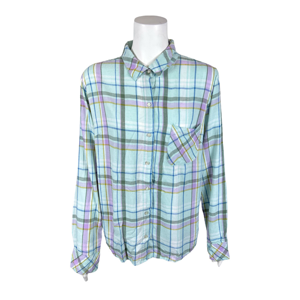 Candace Cameron Bure Regular Linen Blend Button-Front Shirt Mint Plaid Large Sz